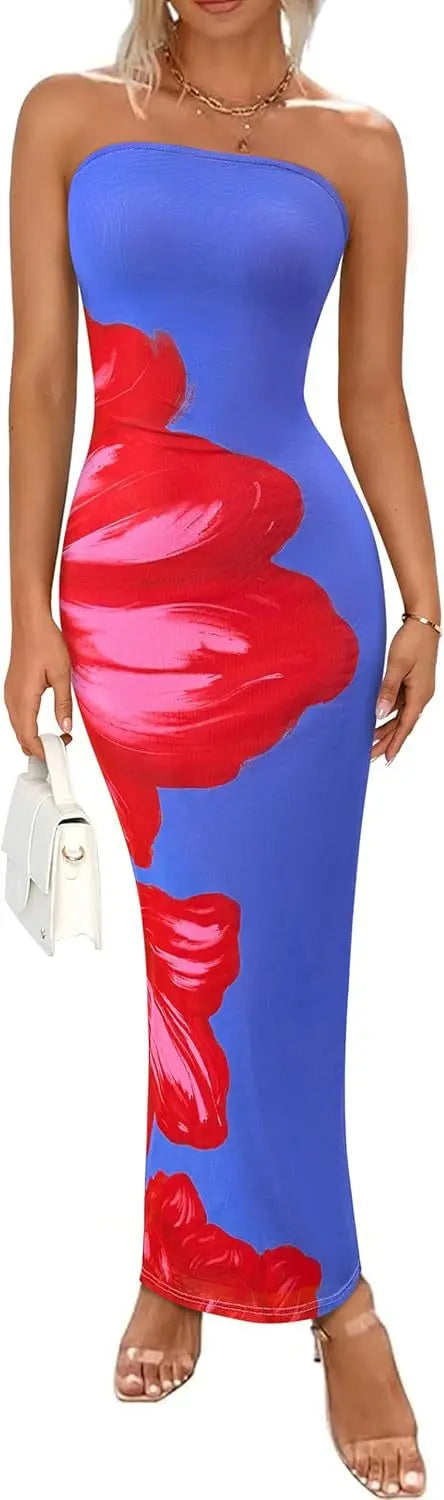 HLJ&GG Sexy Flowers Printing Bodycon Maxi Dresses Women Off Shoulder Sleeveless Backless Slim Vestidos Fashion Streetwear 2025