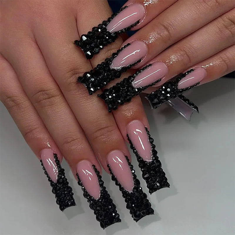 24pcs Long French Fake Nail with Pink Bow Design Sweet Ballet False Nail Tips for Lady Women Wearable European Press on Nails