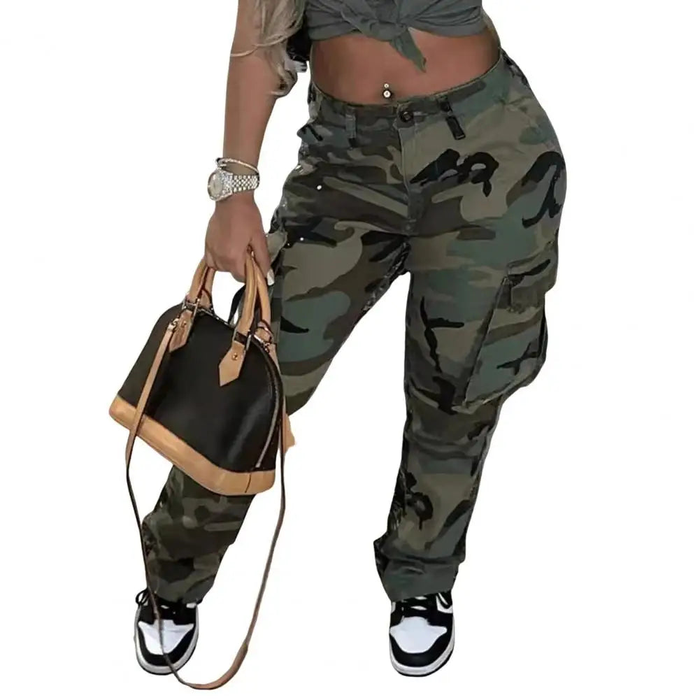 Women's Camo Print Cargo Pants High Waist Wide Leg Baggy Streetwear Casual Camouflage Military Trousers with Pockets