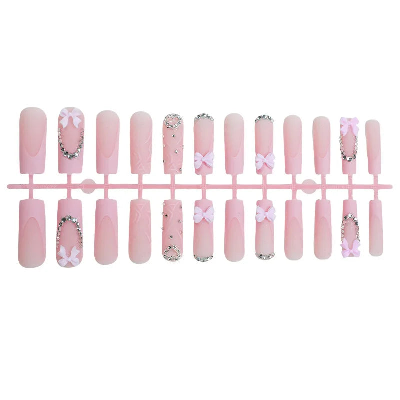 24pcs Long French Fake Nail with Pink Bow Design Sweet Ballet False Nail Tips for Lady Women Wearable European Press on Nails