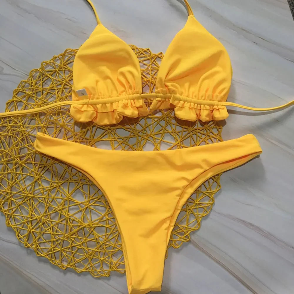 Summer Brazilian Bikini Set Women Sexy Bandage Top Thong Bottom Set Push-up Swimwear Lace Up Swimsuit Beachwear