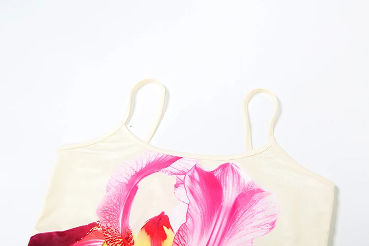 Weird Puss Flower Print 2 Piece Set Women Low-Neck Backless Crop Tops+Stretch Long Skirts Vacation Trend Beach Style Outfits