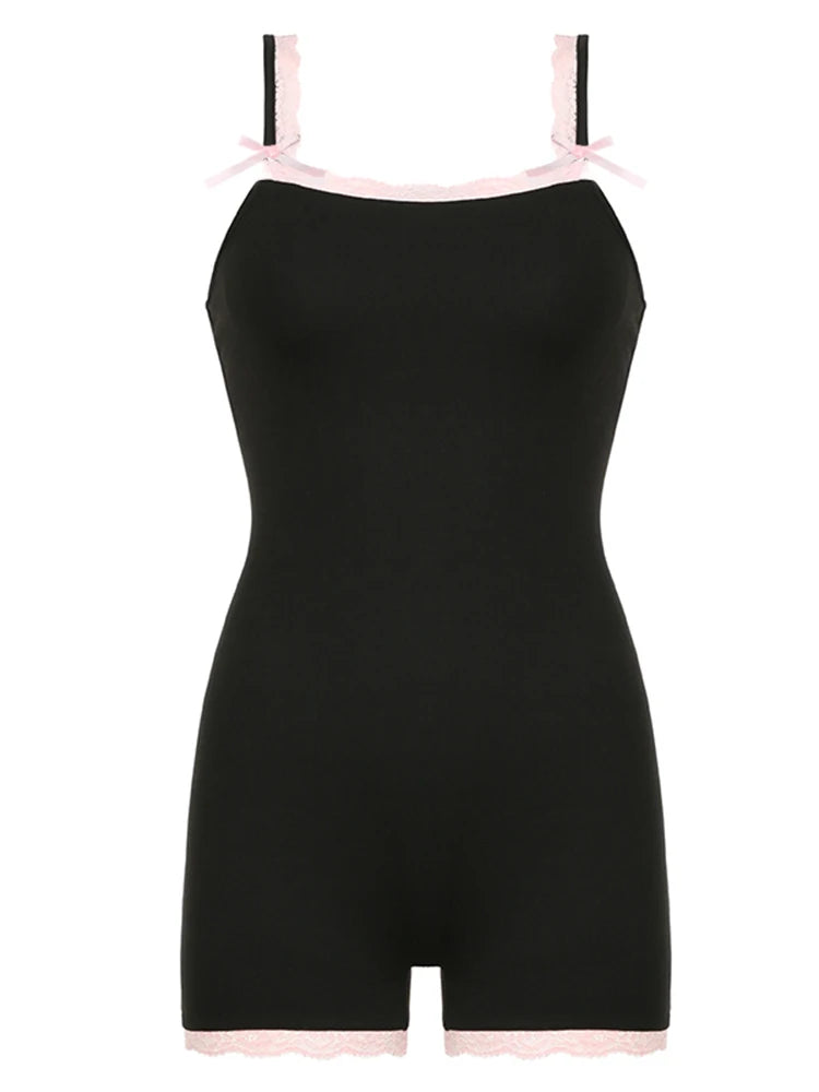 Contrast Lace Patchwork Square Collar Skinny Sexy Straps Rompers Playsuits Sweet Cute Y2K Clothing