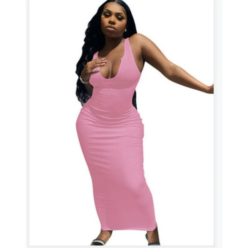 HLJ&GG Summer New Deep V Bodycon Long Dresses Women Sleeveless Backless Slim Vestidos Sexy Female Solid Color Streetwear Robe