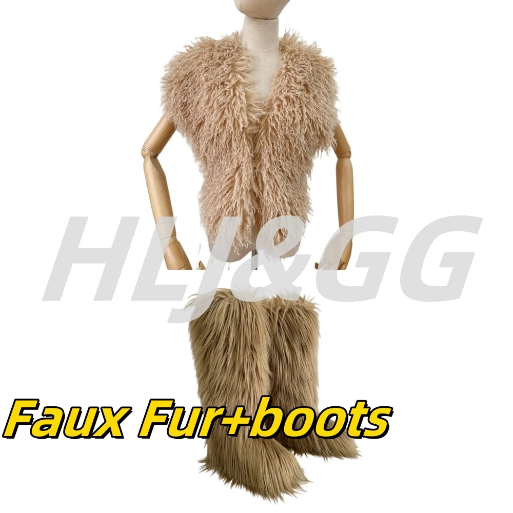 HLJ&GG Trend Y2K Two Piece Sets Women Fur Feather Halter Waistcoat Fashion Backless Lace Up Legs Cover Streetwear Clothing 2025