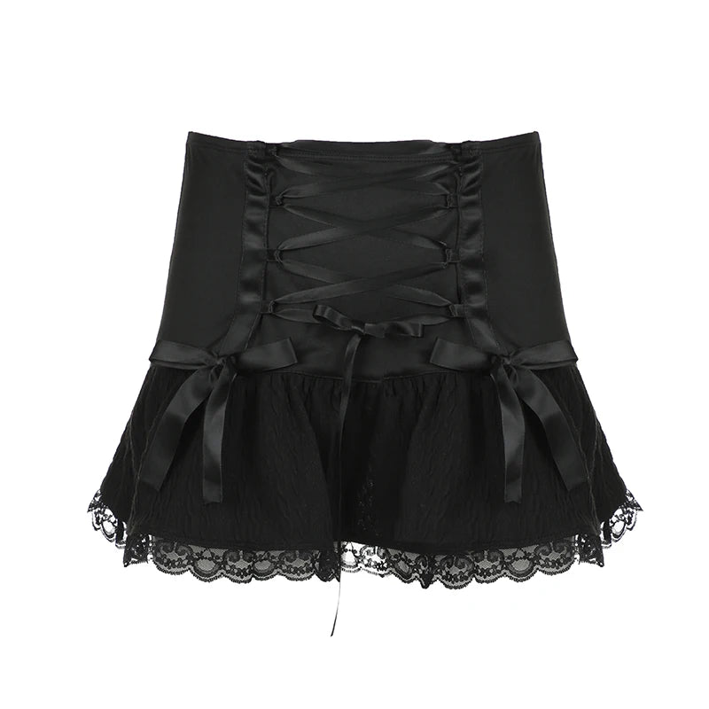 Darlingaga Gothic Y2K Lace Trim Mini Skirt Harajuku Vintage Tie Up Bow Dark Academia Sexy Women Skirts Hottie A-Line Grunge New
