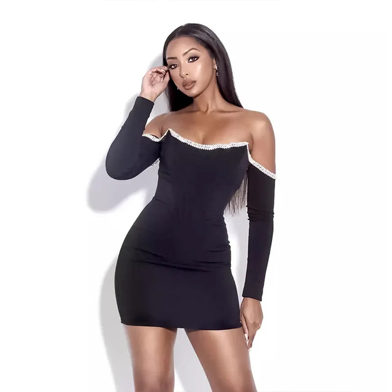 Dress Long Sleeve Black Fishbone Dress, Rhinestone Sexy Off Shoulder Bodycon Party Dress Short Elegant Lady's Party Dresses