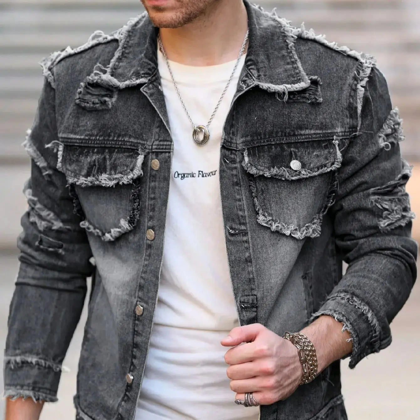 1pc Men's U2K Minimalist Style Ripped Raw Edge Ripped Casual Denim Jacket, Stylish Design for Everyday Wear Flight Jacket Denim