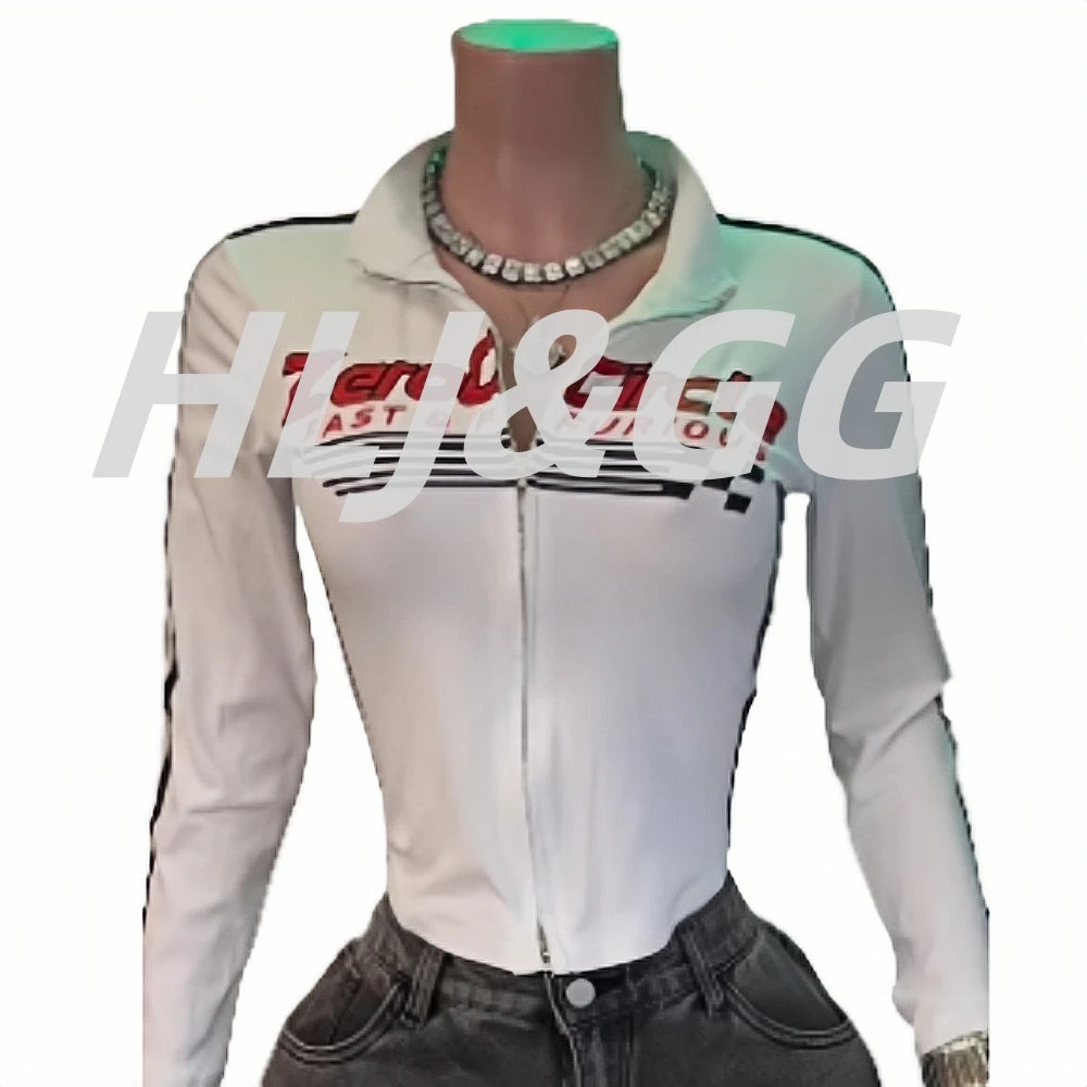 HLJ&GG American Vintage Letter Print Two Piece Sets Women Zip Long Sleeve Slim Top+jeans Pocket Pants Outfits Fashion Streetwear