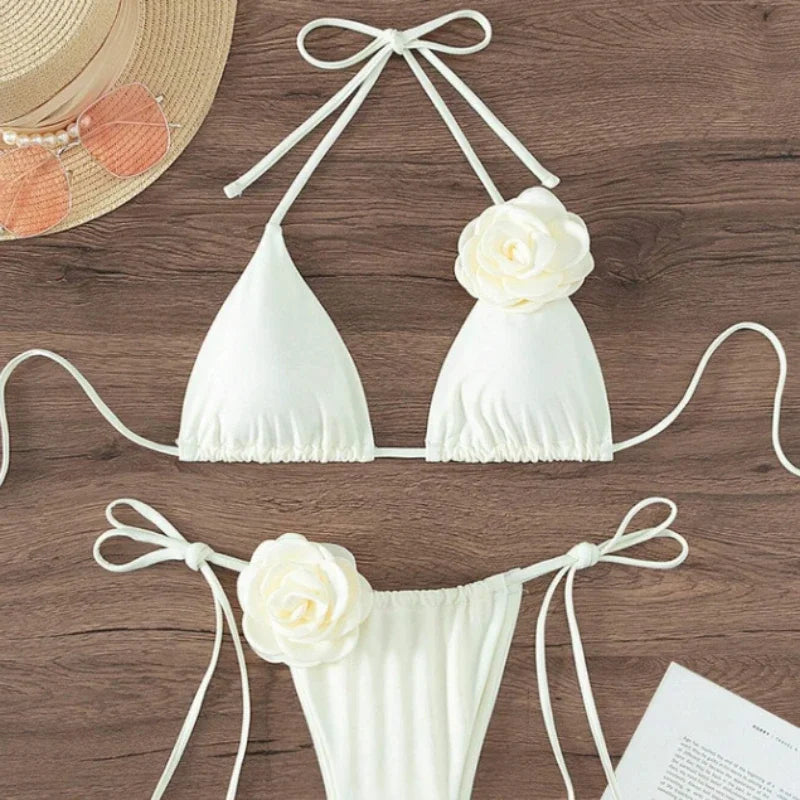 S - L Sexy 3D Flowers Halter Strappy Bikini, Swimwear Swimsuit Two-pieces Bikini Set Bather Bathing Suit Swim