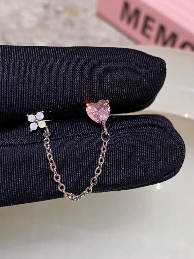 1PCS Pink Love Heart Chain Double Ear Hole 316L Stainless Steel Ear Bone Nail Y2K Fashion Hottie Earrings for Women Jewelry