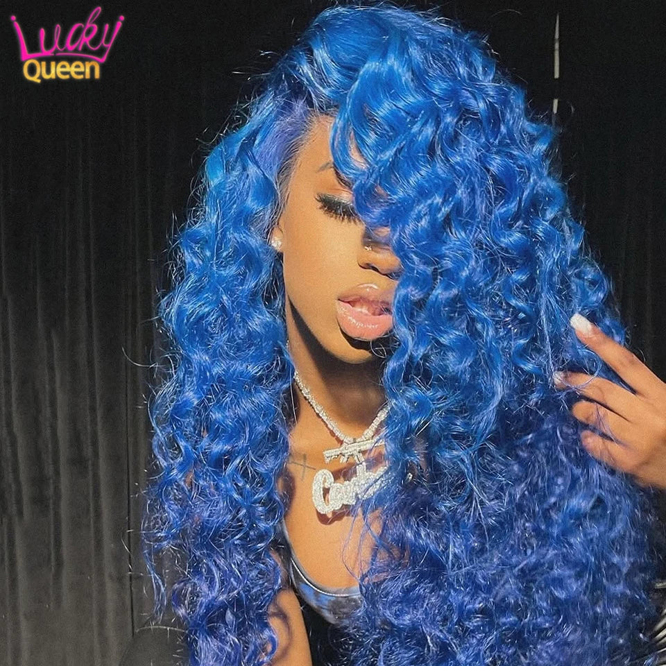 Midnight Blue Loose Wave Brazilian Human Hair Wig Dark Blue Pre Plucked For Women 13X4 180 Density Transparent Lace Frontal 13X6