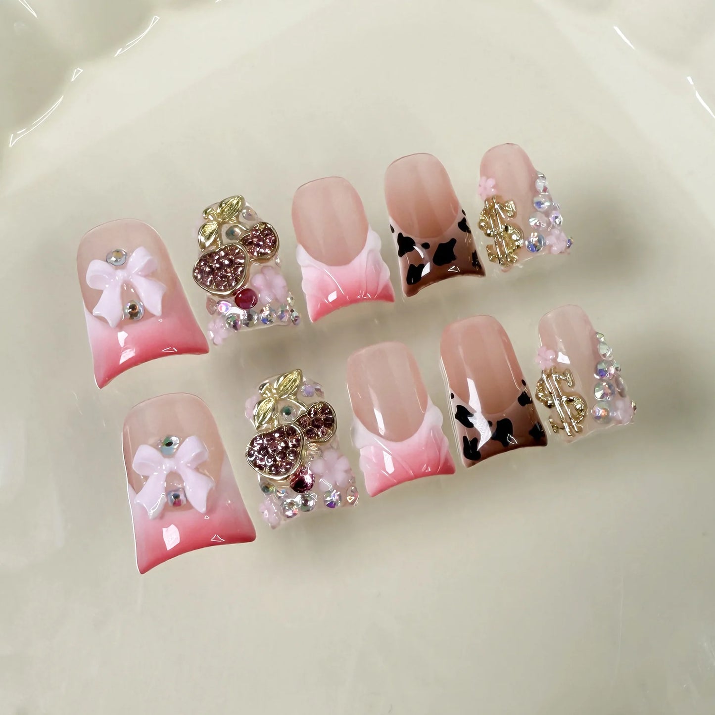 10pcs Sweet White Bowknots Press On Nails Pink French Style Glitter Diamond Pearl Decor Handmade False Nail Blush Duckbill Nails
