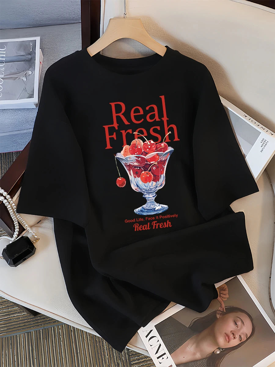 Real Fresh Cherry Fruit Cup Design Tee Shirts Female Comfortable Cotton T Shirt Fashion Casual Clothes Soft Street Short Sleeve