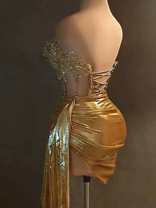 Women Glitter dress Sets, Sexy Strapless Sequins Rhinestone Luxury Gold Dress Design 2024 Stage Show Outfit