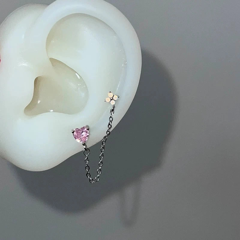 1PCS Pink Love Heart Chain Double Ear Hole 316L Stainless Steel Ear Bone Nail Y2K Fashion Hottie Earrings for Women Jewelry