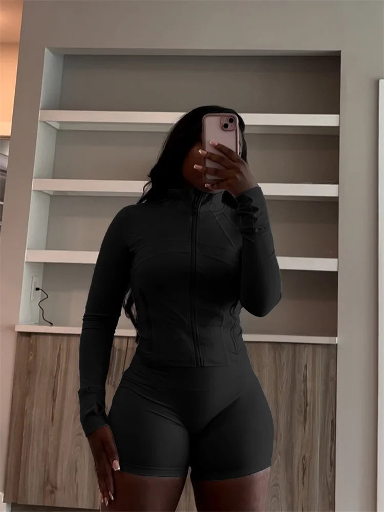 Weird Puss Casual Sporty 2 Piece Set Women Classic Tracksuit Cardigan Full Sleeve Jacket+Stretch Waist Skinny Shorts Trend Suits