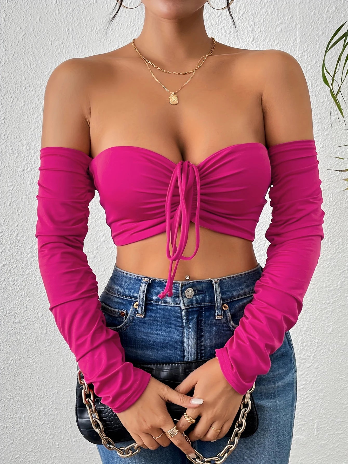Sexy Ruched Crop T-Shirt - Off Shoulder, Long Sleeve, Drawstring Front, Flattering Fit, Clubwear, Night Out, Fashion Clot