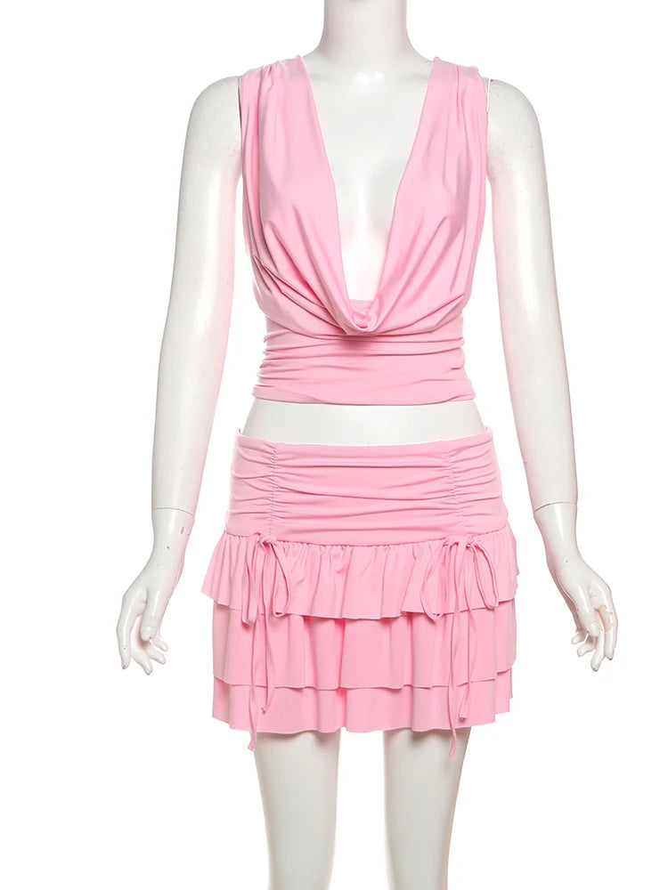 Weird Puss Sexy Chic 2 Piece Set Women Halter Swing Collar Tank Tops+Tierred Skirts Matching Beach Vacation Elegant Clubwear