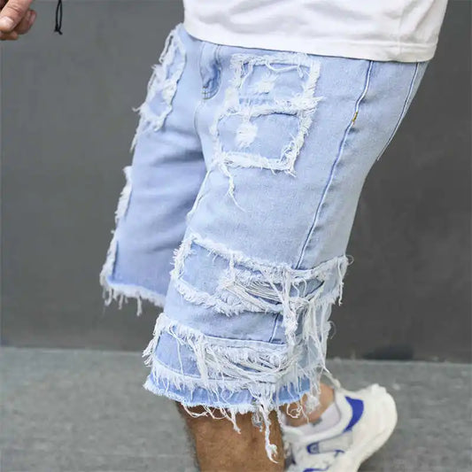 Denim Hole Knee Length Men Washed Jean Mid Waist Spliced Ripped Pockets Loose Fit Distressed Straight Pants 2024 Casual