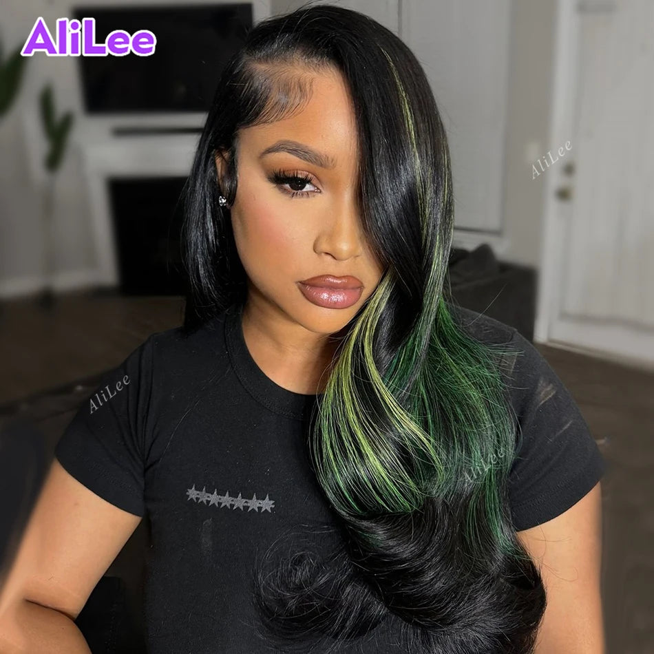Highlight Green with Black Color Transparent Body Wave 13x6 13x4 Lace Frontal Human Wigs for Women Pre Plucked with Baby Hair