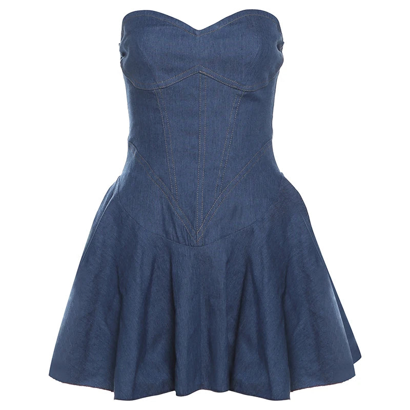 Weird Puss Fake jeans Strapless Sexy Dress Women Summer Trend Skinny Hipster Fashion Concert Birthday Party Clubwear Y2K Bodycon
