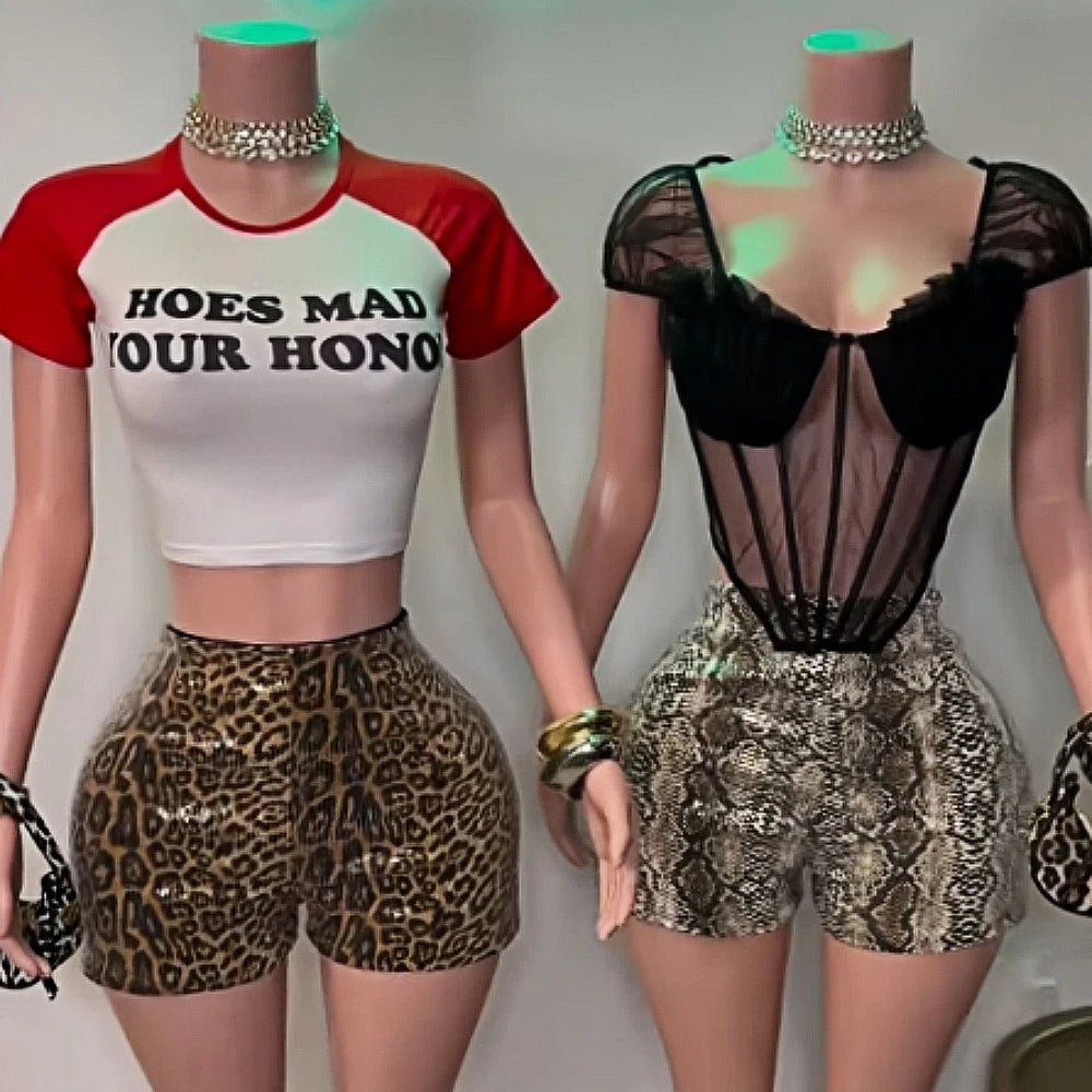 HLJ&GG Y2K Fashion Letter Print Slim Tshirts Two Piece Sets Women Round Neck Short Sleeve Top And Leopard Sequin Shorts Outfits