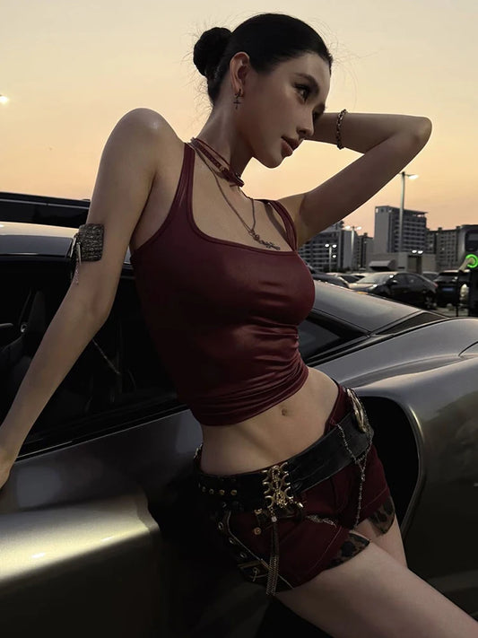Weird Puss Faux Leather Camisole Tops Women Y2K Coquette Square Collar Skinny Midnight Street Club Trend Hottie Wild Basic Vest