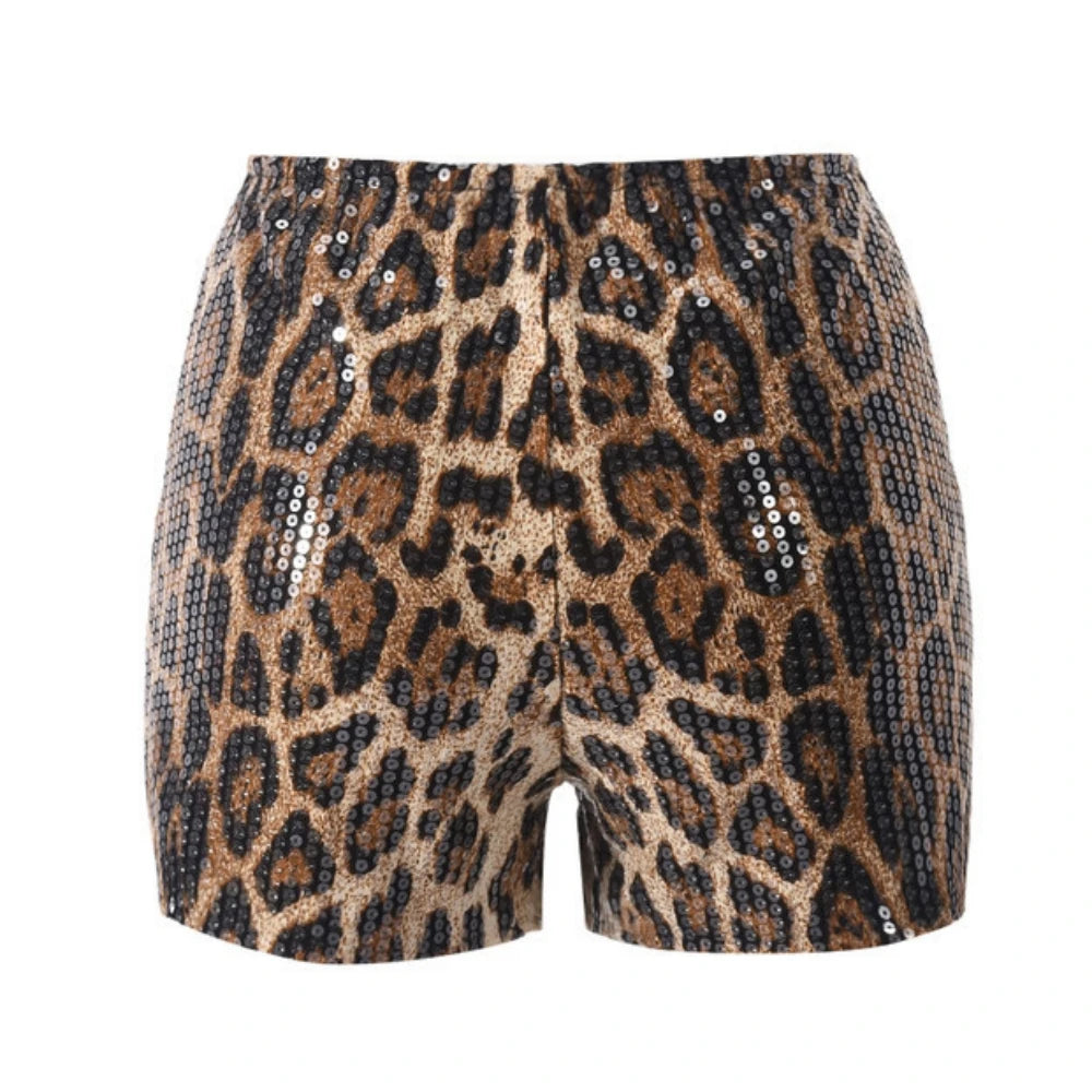 HLJ&GG Y2K Fashion Leopard Sequined Shorts Two Piece Sets Women Letter Print Round Neck Slim Crop Top And Shorts Outfits 2025