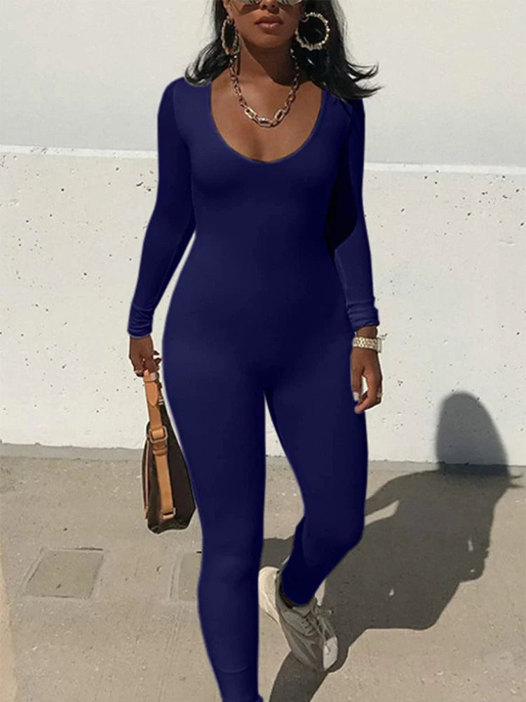 2024 Spring and Summer New Women's Jumpsuit Long Sleeve Solid Color Skinny Jumpsuit Fashion Sports Fitness Jumpsuit Pullover