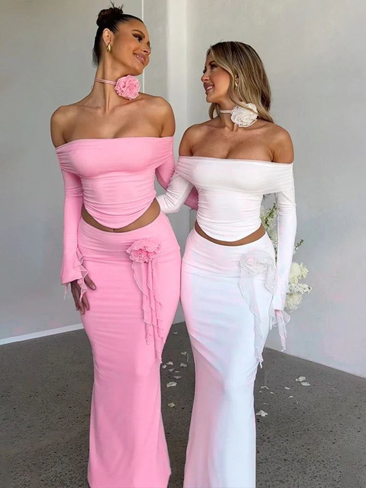 Dulzura Matching Suit Neck Accessories 3D Flower Off Shoulder Long Trumpet Sleeves Crop Top Tassel Maxi Skirt 2024 Autumn Women