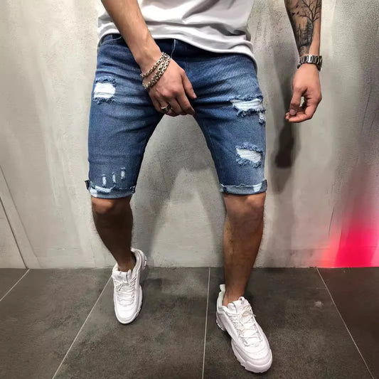 Summer Ripped Skinny Denim Shorts for Men with Distressed Ripped Cat Whiskers Hip Hop Streetwear Short Pants Men's Pants