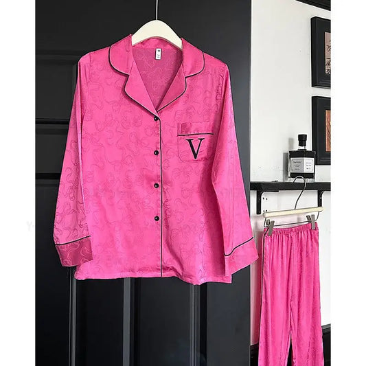 Hot Pink Bow Print Top&pant Loose Homewear Lady Casual 2Pcs Outfit Pijama Mujer Ice Silk Sleepwear Spring Autumn New Pyjamas