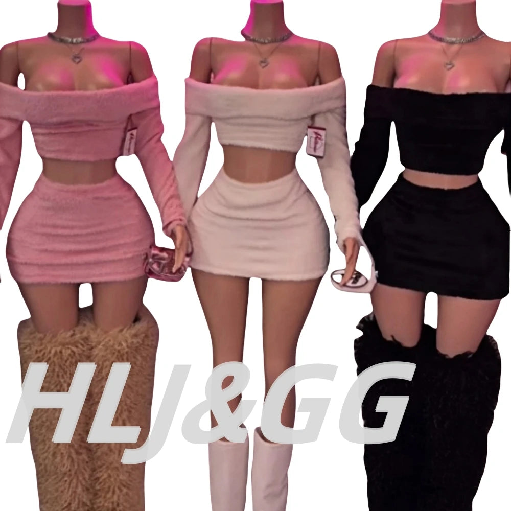 HLJ&GG Fashion Off Shoulder Fur Mini Skirts Two Piece Sets Women Long Sleeve Backless Slim Crop Top And Skirts Outfit Streetwear
