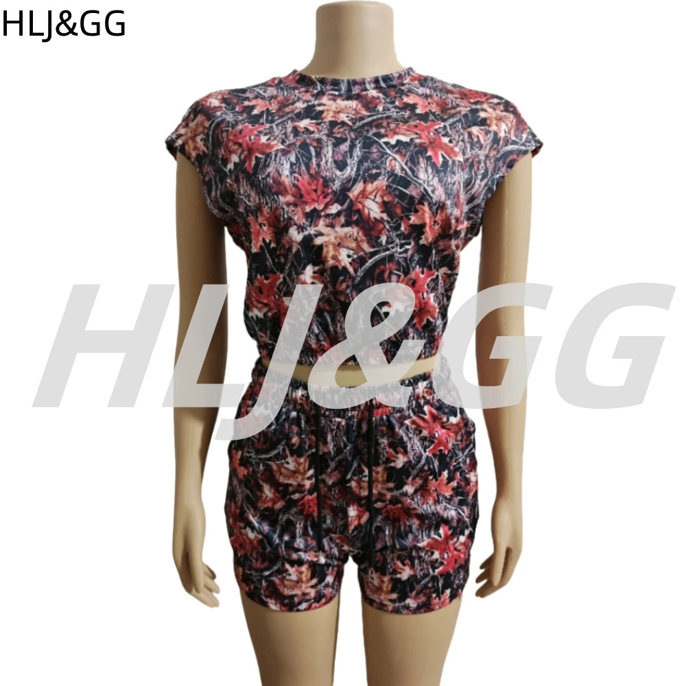 HLJ&GG Summer New Printing Drawstring Shorts Two Piece Sets Women Round Neck Short Sleeve Crop Top And Shorts Outfits Streetwear
