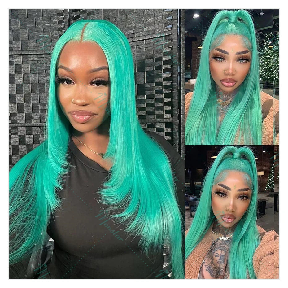Mint Green Colored Human Hair Wigs Brazilian Straight 13x6 HD Transparent Lace Frontal Human Hair Wigs for Black Women 200% 250%