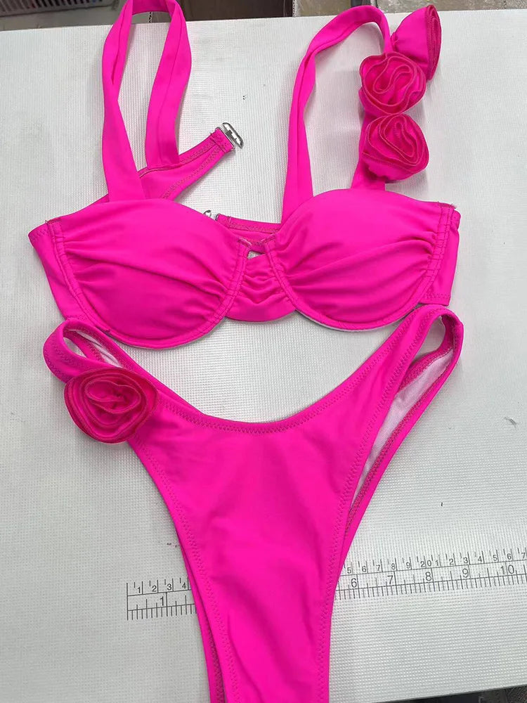 Sexy Solid Backless Floral Bikini Set Women Split Swimsuit High Waist Beach Bikini 2025 New Summer Swimwea Bikinis Set