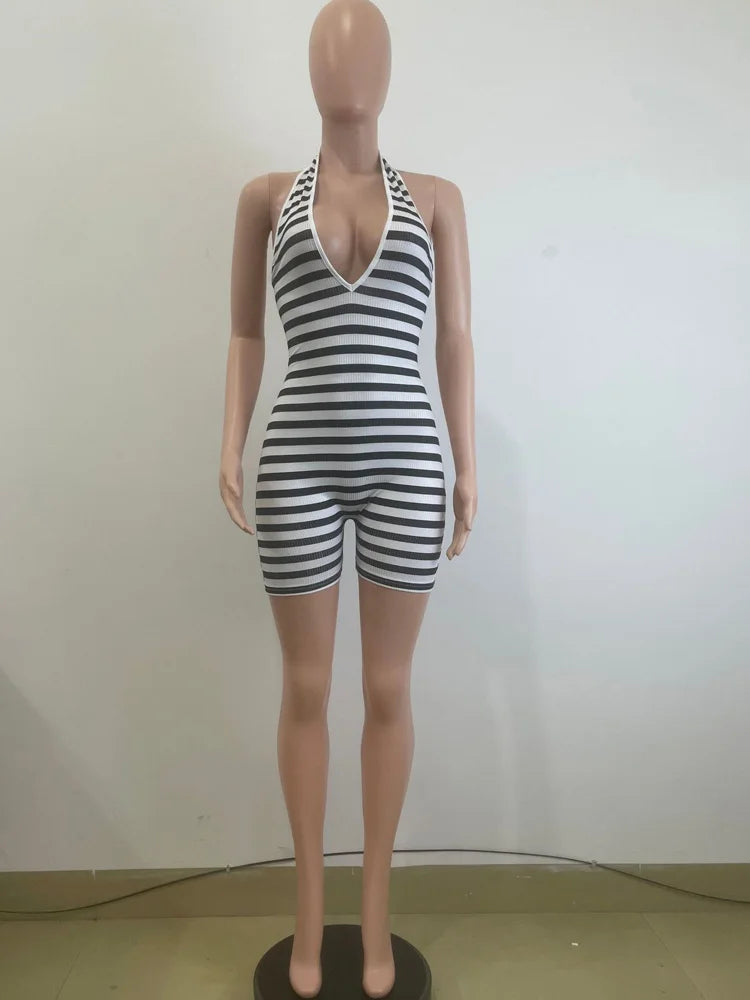 Kricesseen Women's Halter V Neck Backless Striped Playsuits Rompers Sexy Tie-Back Bandage Rompers Night Club Overalls Clubwear