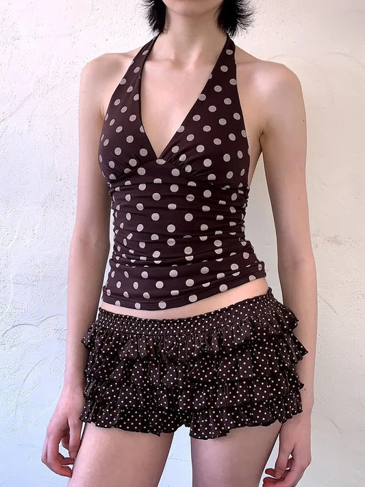 weird Puss Halter v-Neck Vest Women Y2K Lace-Up Backless Polka Dot Print Skinny Summer Fashion Daily Street Basic Tank Tops