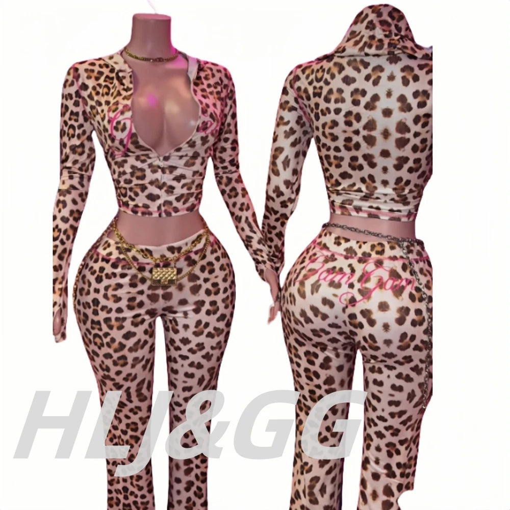 HLJ&GG Y2K Leopard Letter Hooded Two Piece Sets Women Zipper Long Sleeve Slim Crop Top And Pants Outfits Fashion 2pcs Streetwear