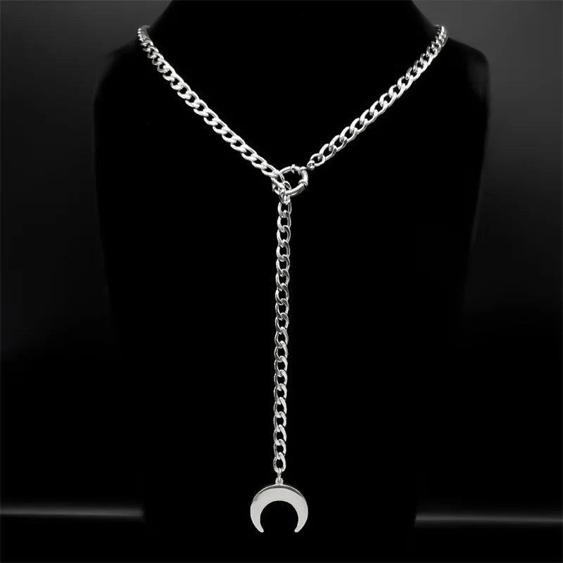 Heart Star O-ring Long Chain For Women Men Punk Rock Necklace Stainless Steel Cuban Necklaces Simple Adjustable Y-Necklace