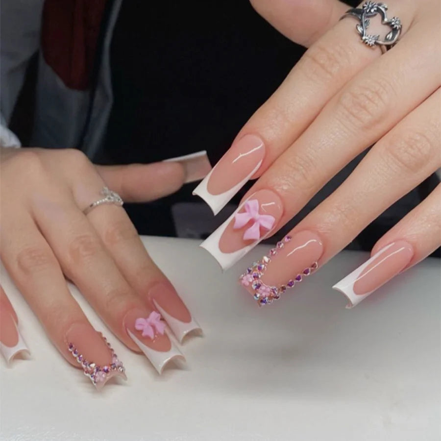 24pcs Nude Pink False Nails Patches 3D Bowknots Flower Press On Nails 2024 New Wearable White French Style Fake Nail Tips