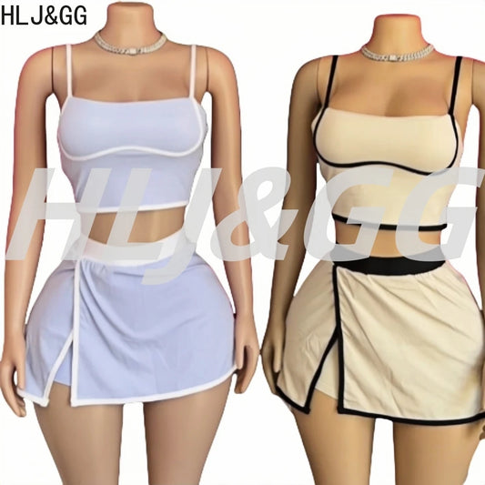 HLJ&GG Fashion High Quality Stretch Sporty Skirts Shorts Two Piece Sets Women Spaghetti Strap Slim Crop Top+Mini Skirts Outfits