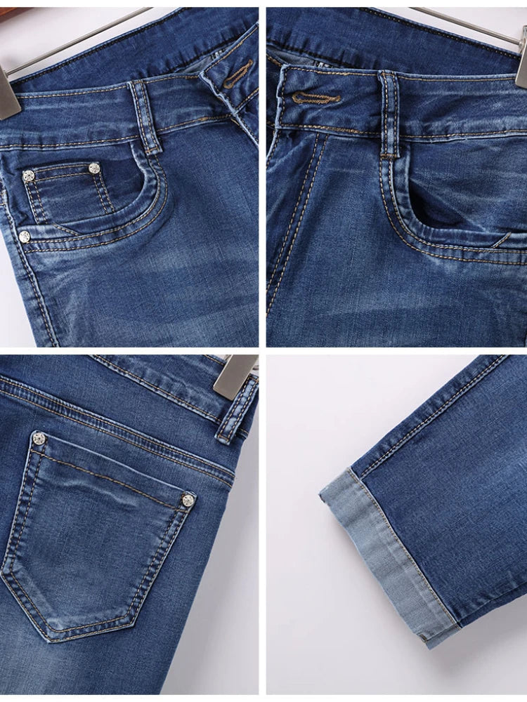 Ladies Jeans Pants Ladies Cropped Trousers Skinny Knee Length Jeans female Elastic High Waist Mom Jeans Oversize