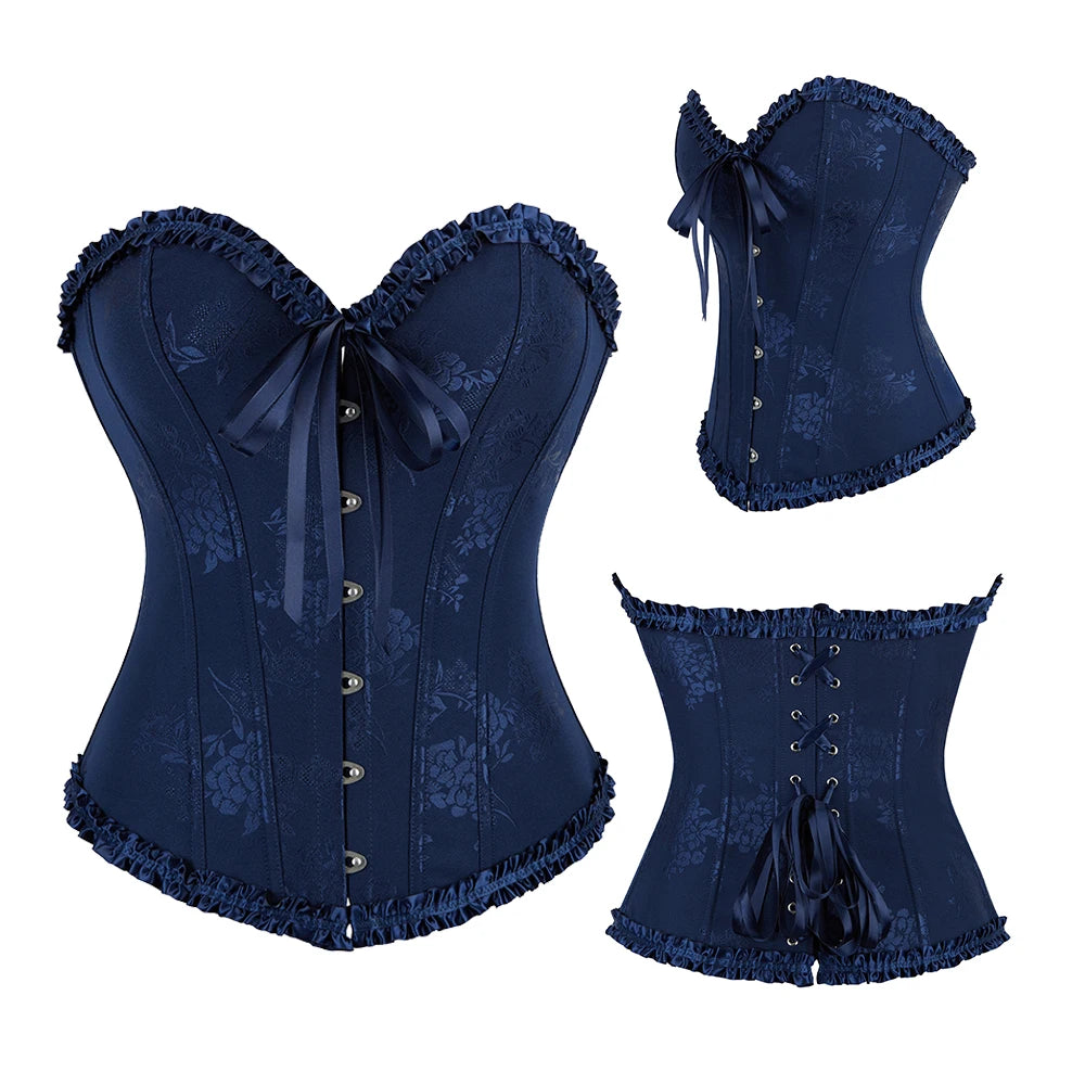 Women Floral Overbust Corset Waist Bustier Top Black White Red Blue Korset Shaper