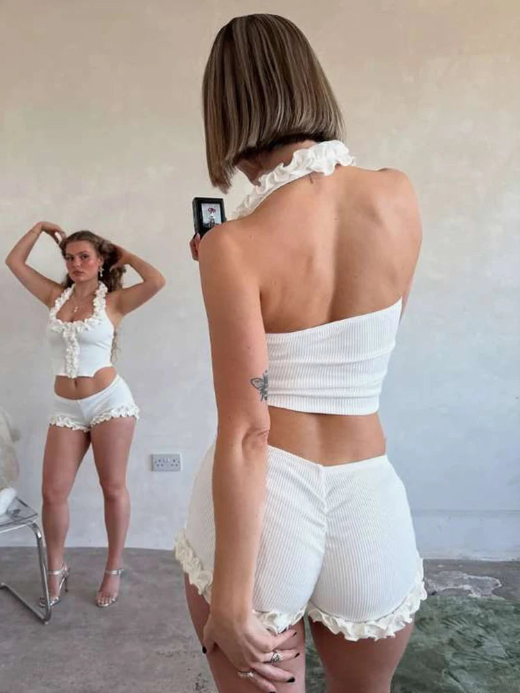 Weird Puss Ribbed Casual 2 Piece Set Women Ruffles Square Collar Backless Tank Tops+Skinny Shorts Versatile Style Trend Outfits