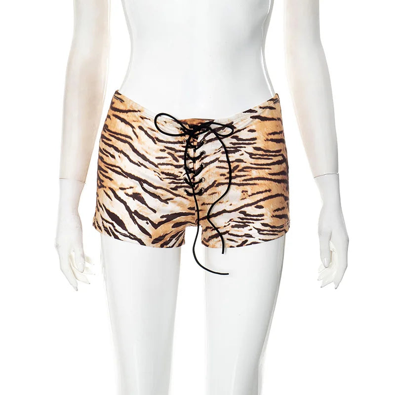HLJ&GG Y2K Fashion Letter One Shoulder Crop Top Two Piece Sets Women Loose Tshirts And Tiger Shorts Outfits Summer Streetwear