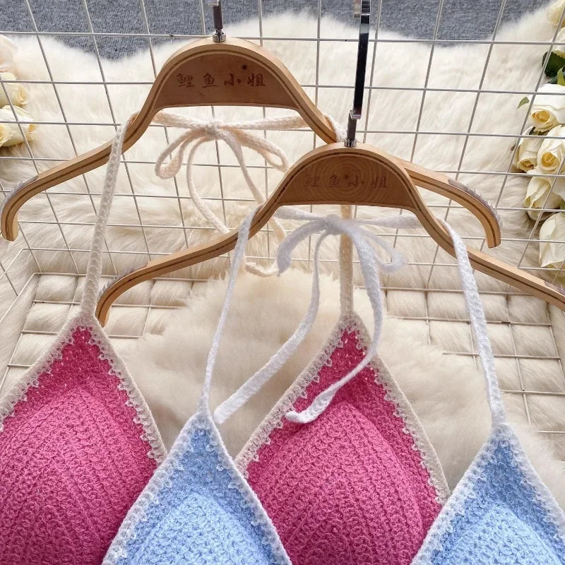 Vacation Style Camis Vest Women Patchwork Sweet Hook Flower Sexy Backless Suspender Camisole Hanging Neck Outwear Crop Tops