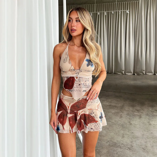 STYLISH LADY Floral Printed Beach Mesh 2 Piece Set Women Halter Backless Crop Top and Mini Skirts Suits 2025 Holiday Outfits