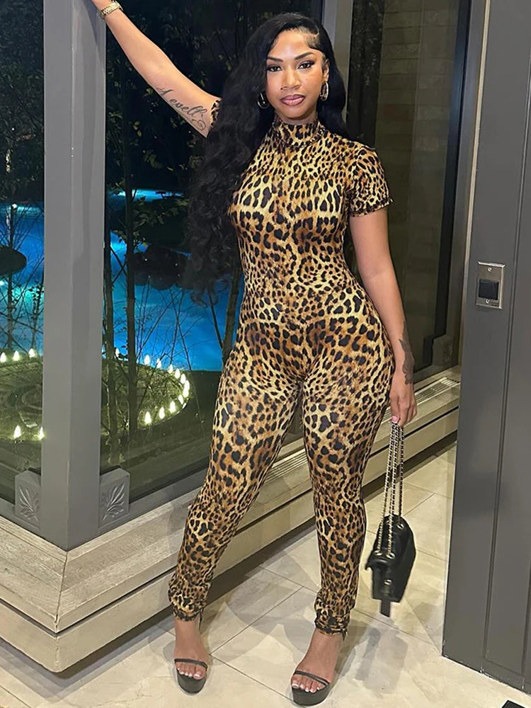 Weird Puss Peach Buttocks Jumpsuit Women Backless Leopard Print Shorts Sleeve Fitness Summer Trend Streetwear Workout Overalls